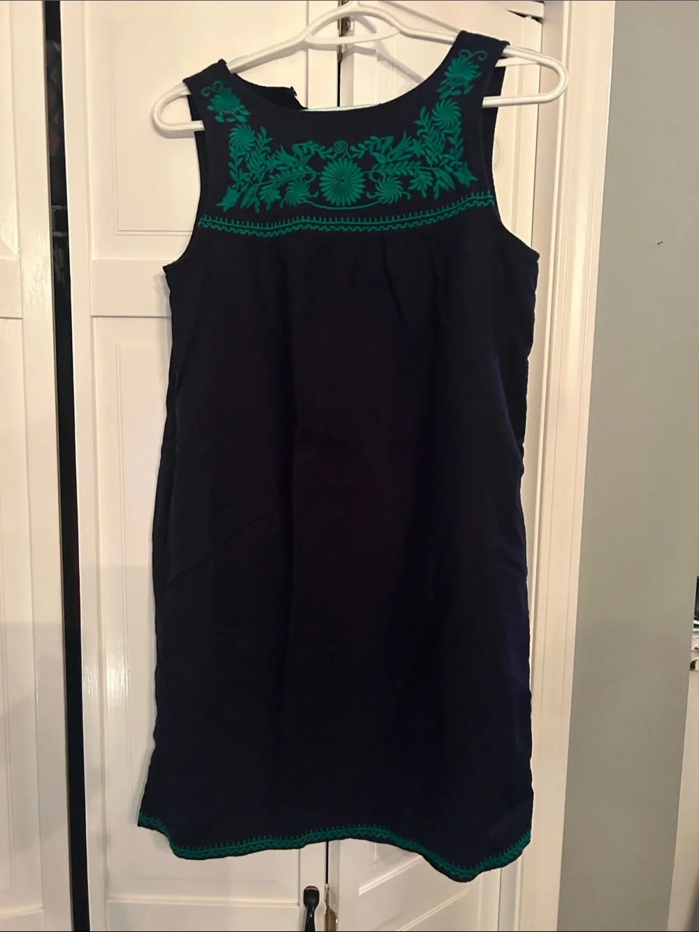 J Crew Sleeveless Navy Dress with Green Embroidered Yoke